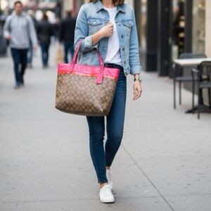 Coach 29783 Signature Canvas Tote Khaki Pink Orange Patent Leather Zip Top